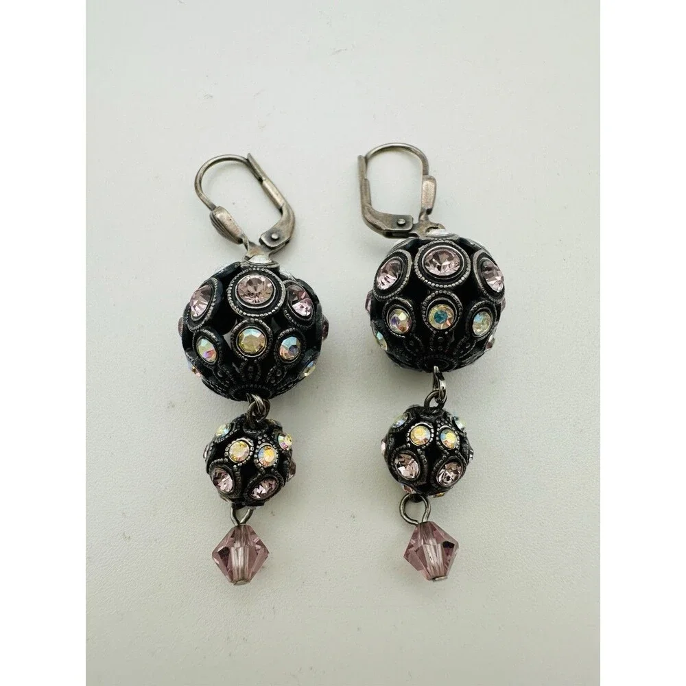 Vintage AB Rhinestone Disco Ball Dangle Earrings Lever Back READ